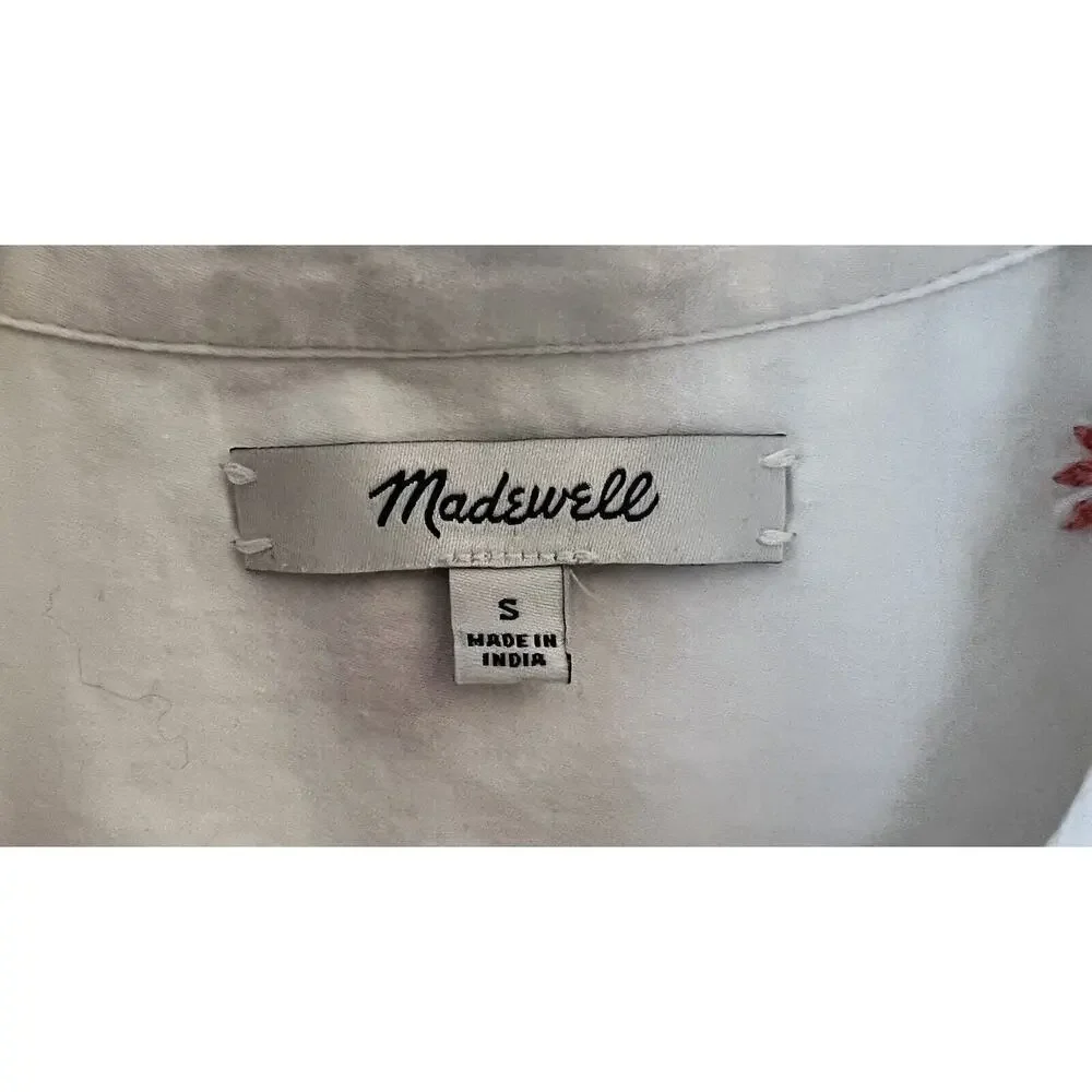 Madewell Women’s Embroidered White Button Up Size S Short Sleeve Blouse‎ Flowers